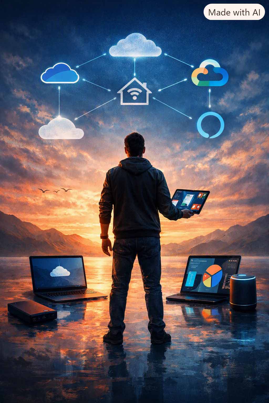 A person standing between multiple devices, symbolizing flexibility and digital independence