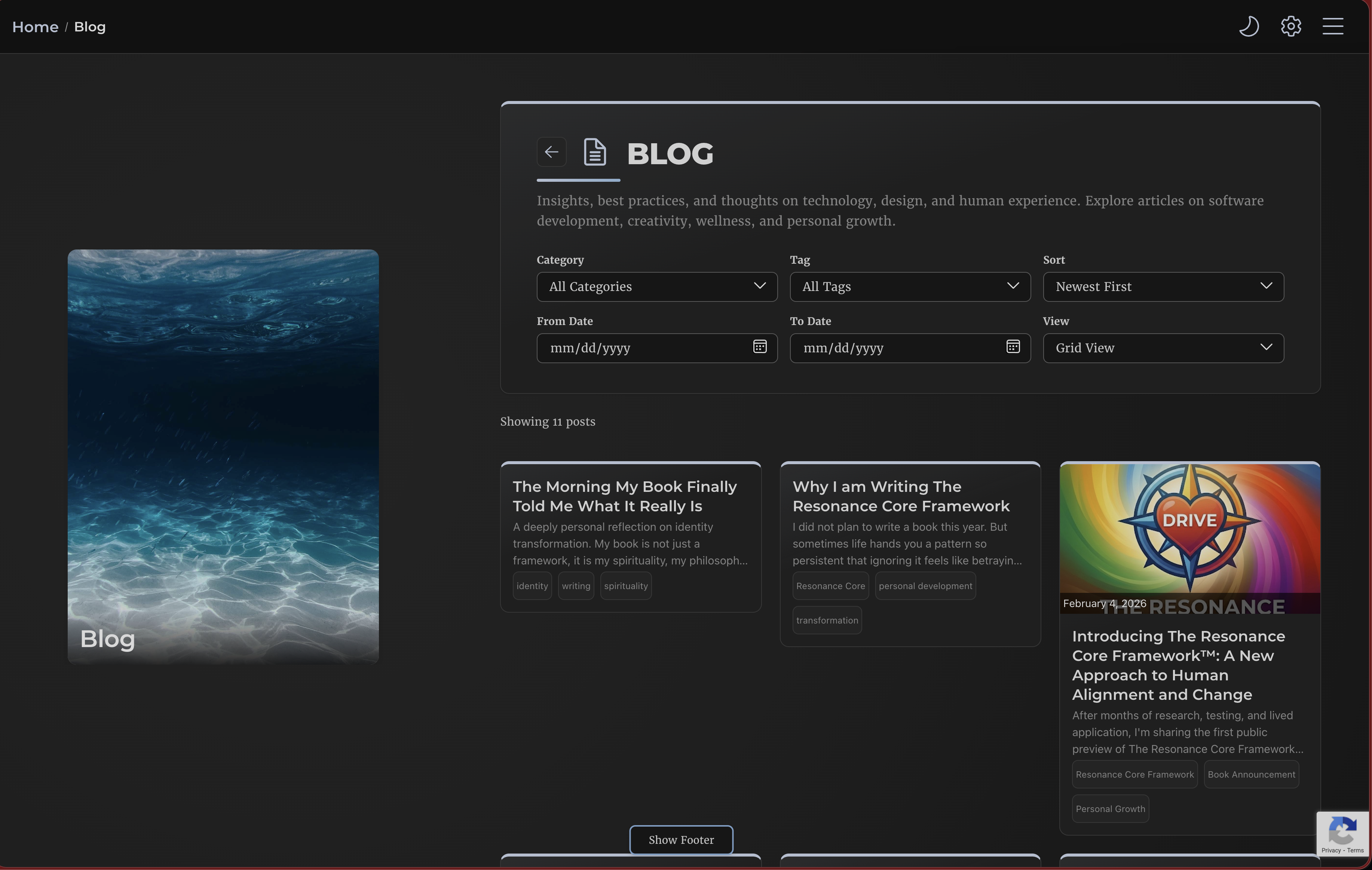 Next.js blog listing in dark mode