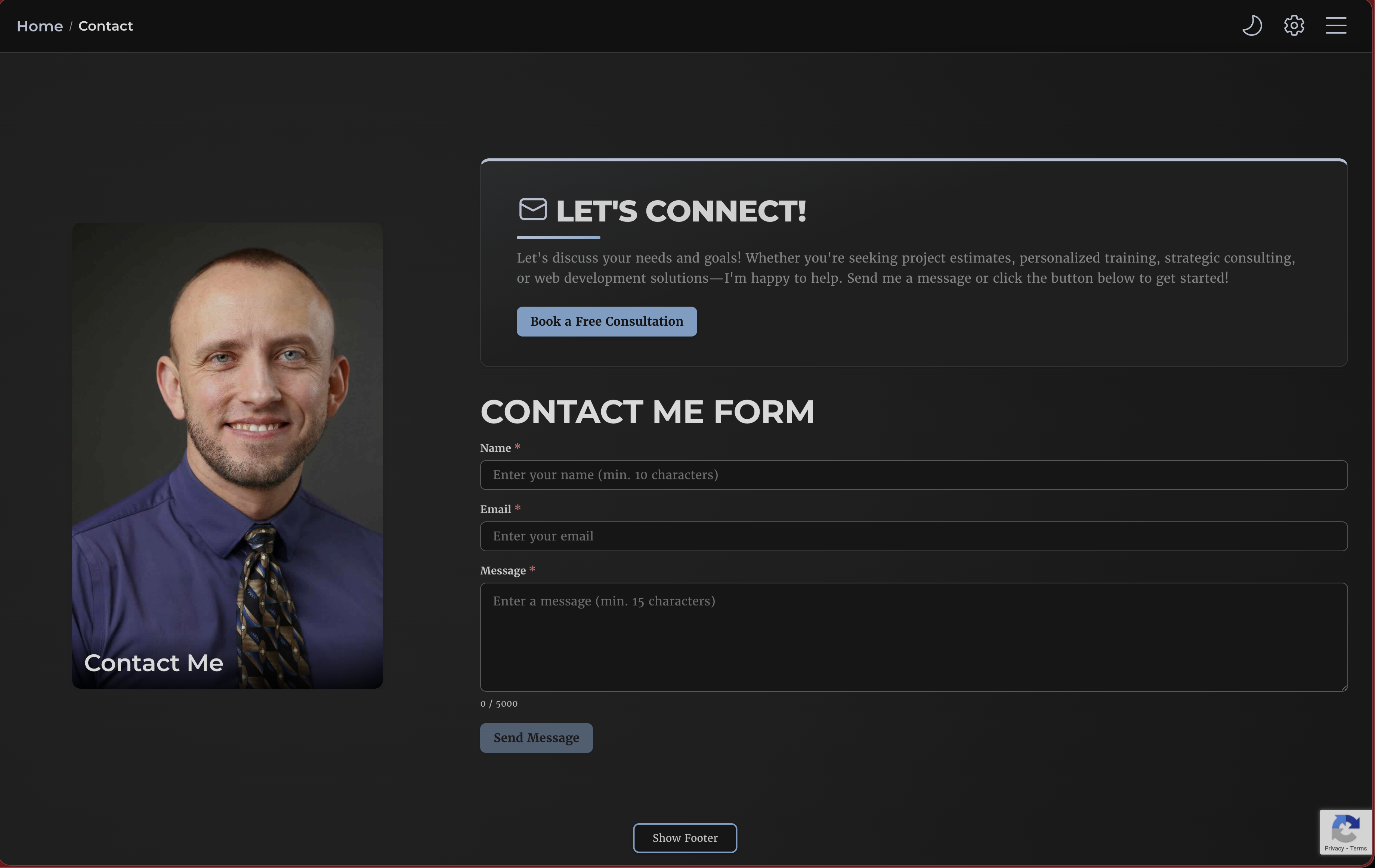 Contact page in dark mode