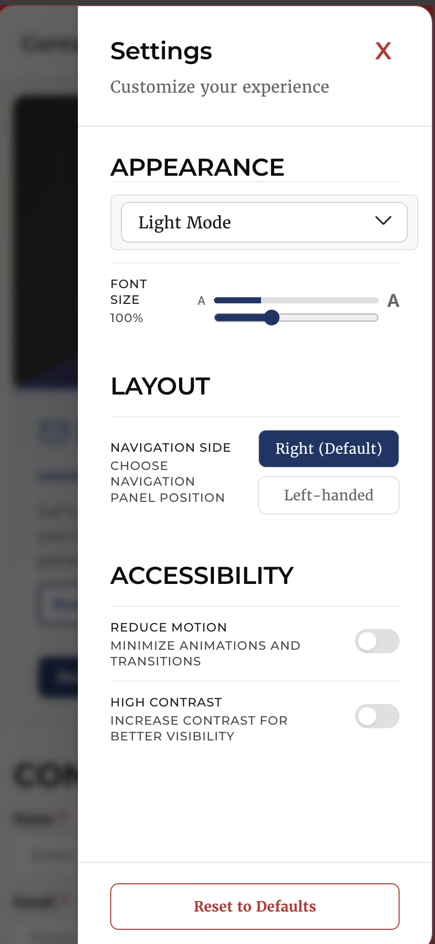 Desktop settings panel