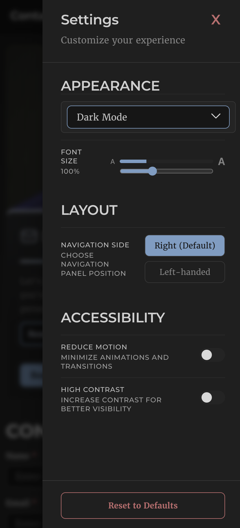 Mobile settings panel