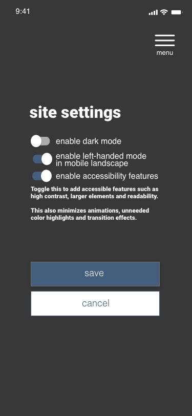 Settings panel hi-fi mockup